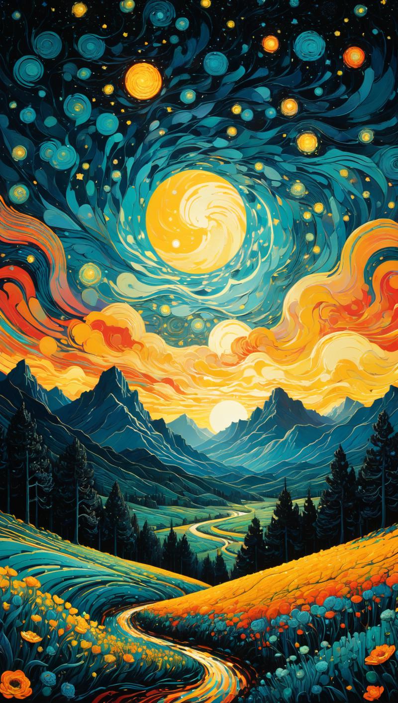 01001-4266848362-Art by James R. Eads, Swirling and flowing lines define the vivid landscapes and sky, drawing inspiration from Van Gogh's Starry.png